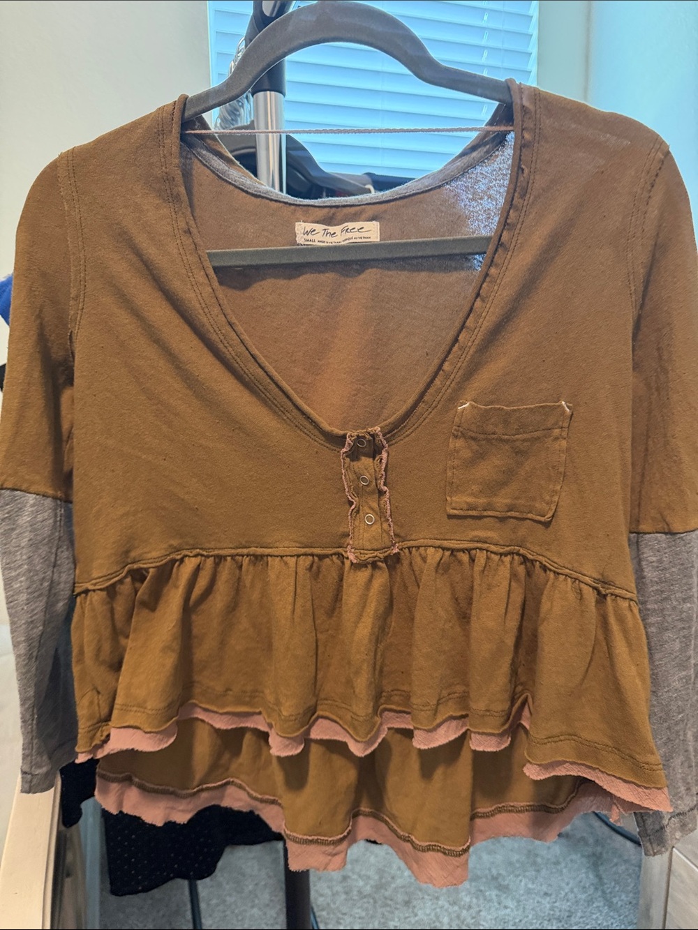 We The Free Brown Layered Ruffle Tunic with Pink Trim